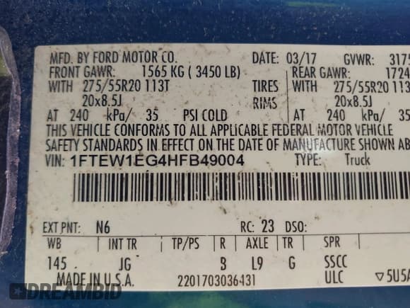 ✅ 2017 Ford F-150 XL • VIN: 1FTEW1EG4HFB49004 • Lot: 41804250. Listed on IAAI with Not provided. Free auction sales archive from the USA and detailed vehicle history report at DreamBid. Image 9.