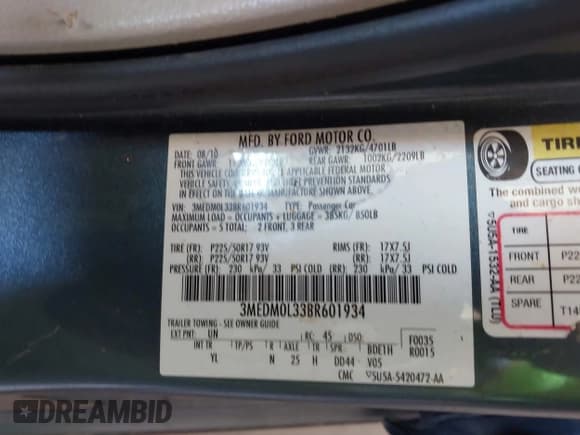 ✅ 2011 Mercury Milan Hybrid • VIN: 3MEDM0L33BR601934 • Lot: 42573108. Listed on IAAI with 161,278 mi. Free auction sales archive from the USA and detailed vehicle history report at DreamBid. Image 9.