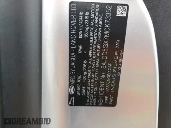 ✅ 2021 Jaguar F-Type P300 • VIN: SAJDD5GX7MCK73352 • Lot: 39657034. Listed on Copart with Not provided. Free auction sales archive from the USA and detailed vehicle history report at DreamBid. Image 15.