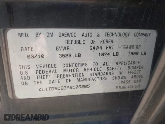 ✅ 2010 Chevrolet Aveo 1LT • VIN: KL1TD5DE3AB106265 • Lot: 42963899. Listed on IAAI with 99,454 mi. Free auction sales archive from the USA and detailed vehicle history report at DreamBid. Image 9.