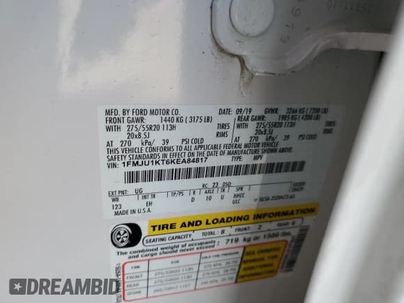 ✅ 2019 Ford Expedition Limited • VIN: 1FMJU1KT6KEA84817 • Lot: 52631795. Listed on Copart with 57,888 mi. Free auction sales archive from the USA and detailed vehicle history report at DreamBid. Image 15.