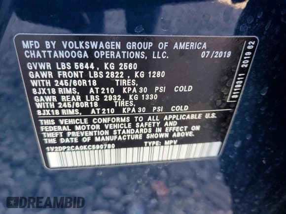 ✅ 2019 Volkswagen Atlas SE • VIN: 1V2DP2CA0KC590780 • Lot: 43268975. Wystawiony na Copart z przebiegiem 74 128 mil. Bezpłatny archiwum sprzedaży aukcyjnych z USA i szczegółowy raport historii pojazdu na DreamBid. Zdjęcie 15.