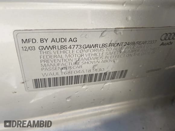 ✅ 2004 Audi A4 3.0L • VIN: WAULT68E04A181430 • Lot: 42259783. Wystawiony na IAAI z przebiegiem 124 469 mil. Bezpłatny archiwum sprzedaży aukcyjnych z USA i szczegółowy raport historii pojazdu na DreamBid. Zdjęcie 9.