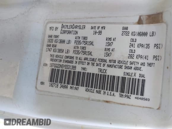 ✅ 2000 Dodge Dakota Sport • VIN: 1B7GG22N5YS531399 • Lot: 41428183. Wystawiony na IAAI z przebiegiem 221 162 mil. Bezpłatny archiwum sprzedaży aukcyjnych z USA i szczegółowy raport historii pojazdu na DreamBid. Zdjęcie 9.