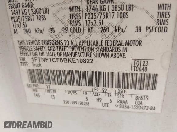 ✅ 2011 Ford F-150 XL • VIN: 1FTNF1CF6BKE10822 • Lot: 41443960. Listed on IAAI with 245,925 mi. Free auction sales archive from the USA and detailed vehicle history report at DreamBid. Image 9.