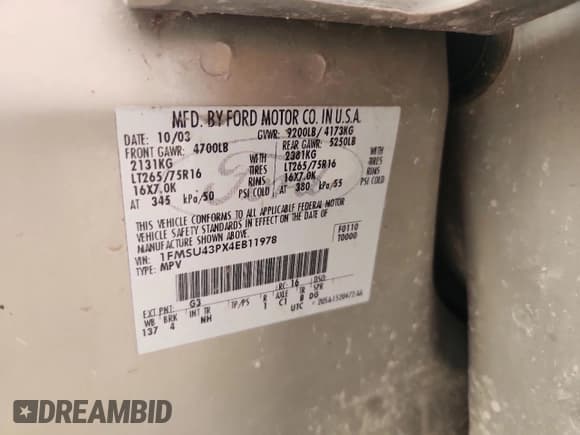 ✅ 2004 Ford Excursion Limited • VIN: 1FMSU43PX4EB11978 • Лот: 84804975. Опубликован ранее на Copart с пробегом 209 459 миль. Бесплатный доступ к архиву аукционных продаж из США и подробный отчёт об истории автомобиля на DreamBid. Изображение 12.