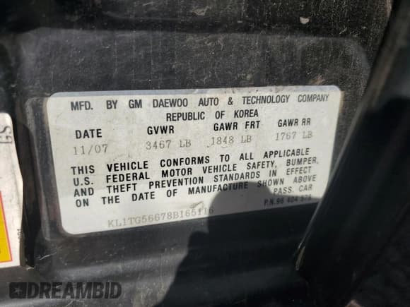 ✅ 2008 Chevrolet Aveo LT • VIN: KL1TG56678B165116 • Lot: 71755584. Wystawiony na Copart z przebiegiem 149 247 mil. Bezpłatny archiwum sprzedaży aukcyjnych z USA i szczegółowy raport historii pojazdu na DreamBid. Zdjęcie 12.