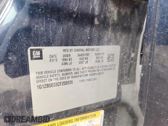 ✅ 2012 Chevrolet Malibu 1LS • VIN: 1G1ZB5E03CF258806 • Lot: 86652685. Listed on Copart with 137,086 mi. Free auction sales archive from the USA and detailed vehicle history report at DreamBid. Image 12.