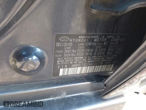 ✅ 2006 Hyundai Santa Fe GLS • VIN: KM8SC73D16U104176 • Лот: 43419641. Опубликован ранее на IAAI с пробегом Не указан. Бесплатный доступ к архиву аукционных продаж из США и подробный отчёт об истории автомобиля на DreamBid. Изображение 9.