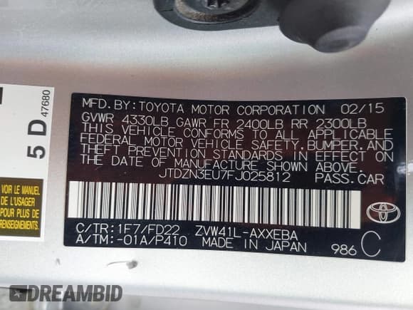 ✅ 2015 Toyota Prius Two • VIN: JTDZN3EU7FJ025812 • Lot: 41958867. Listed on IAAI with 129,435 mi. Free auction sales archive from the USA and detailed vehicle history report at DreamBid. Image 9.