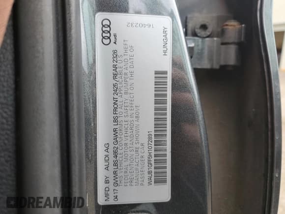 ✅ 2017 Audi S3 Premium Plus • VIN: WAUB1GFF5H1072891 • Lot: 85271495. Wystawiony na Copart z przebiegiem 160 383 mil. Bezpłatny archiwum sprzedaży aukcyjnych z USA i szczegółowy raport historii pojazdu na DreamBid. Zdjęcie 12.