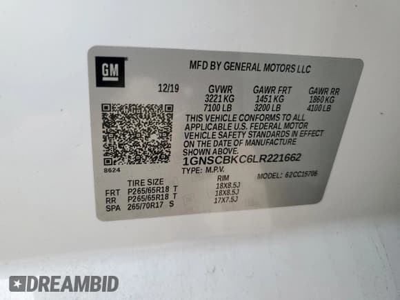 ✅ 2020 Chevrolet Tahoe LT • VIN: 1GNSCBKC6LR221662 • Lot: 84175745. Listed on Copart with 50,157 mi. Free auction sales archive from the USA and detailed vehicle history report at DreamBid. Image 14.