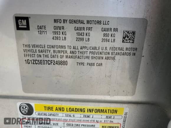 2012 Chevrolet Malibu 1LT z VIN 1G1ZC5E07CF249880, wystawiony jako Copart lot #65607104 z przebiegiem 119 888 mil mil oraz Szkoda całkowita • Salvage title. Historia ofert i sprzedaży dostępna na DreamBid. Obrazek 12.