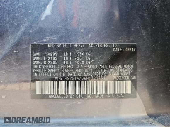 ✅ 2017 Subaru Impreza • VIN: 4S3GTAA66H1723761 • Lot: 69658065. Listed on Copart with 107,110 mi. Free auction sales archive from the USA and detailed vehicle history report at DreamBid. Image 12.