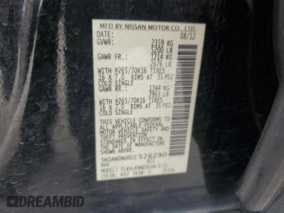 ✅ 2012 Nissan Xterra X • VIN: 5N1AN0NU0CC526290 • Lot: 52791925. Listed on Copart with 94,296 mi. Free auction sales archive from the USA and detailed vehicle history report at DreamBid. Image 13.