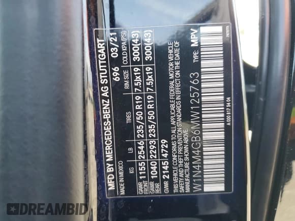 ✅ 2021 Mercedes-Benz GLB 250 • VIN: W1N4M4GB6MW125763 • Lot: 90992965. Wystawiony na Copart z przebiegiem 79 830 mil. Bezpłatny archiwum sprzedaży aukcyjnych z USA i szczegółowy raport historii pojazdu na DreamBid. Zdjęcie 14.