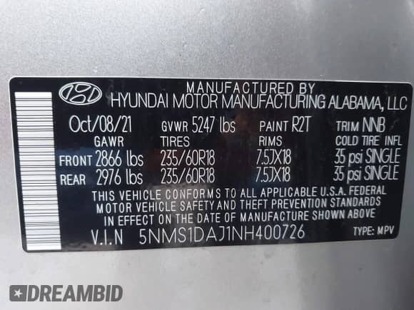 2022 Hyundai Santa Fe SE z VIN 5NMS1DAJ1NH400726, wystawiony jako IAAI lot #41680232 z przebiegiem 21 188 mil mil oraz . Historia ofert i sprzedaży dostępna na DreamBid. Obrazek 9.