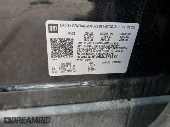 ✅ 2021 Chevrolet Equinox LT • VIN: 3GNAXUEV6ML379193 • Lot: 82547265. Listed on Copart with 123,977 mi. Free auction sales archive from the USA and detailed vehicle history report at DreamBid. Image 13.