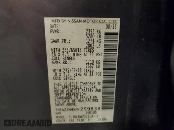 2015 Nissan Murano SL with VIN 5N1AZ2MH5FN259838, listed as a Copart auction lot 82301695 with 133,715 mi miles and Salvage title. Bid and sale history available at DreamBid. Image 13.