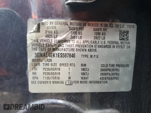 ✅ 2014 Chevrolet Captiva Sport LTZ • VIN: 3GNAL4EK1ES587846 • Lot: 56783655. Wystawiony na Copart z przebiegiem 127 734 mil. Bezpłatny archiwum sprzedaży aukcyjnych z USA i szczegółowy raport historii pojazdu na DreamBid. Zdjęcie 13.