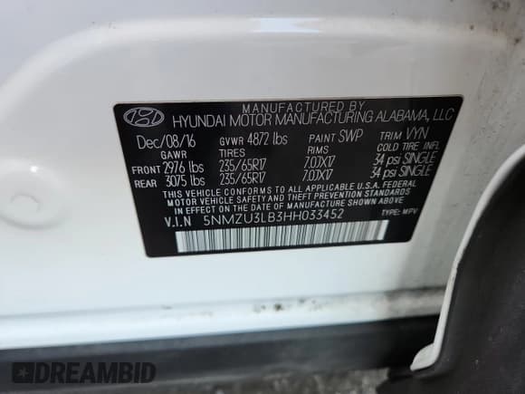 ✅ 2017 Hyundai Santa Fe 2.4L • VIN: 5NMZU3LB3HH033452 • Lot: 91460115. Wystawiony na Copart z przebiegiem 94 183 mil. Bezpłatny archiwum sprzedaży aukcyjnych z USA i szczegółowy raport historii pojazdu na DreamBid. Zdjęcie 13.