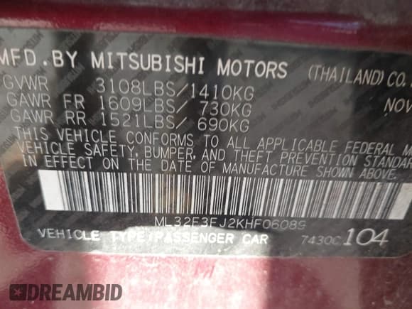 ✅ 2019 Mitsubishi Mirage ES • VIN: ML32F3FJ2KHF06089 • Lot: 43444166. Listed on IAAI with 60,051 mi. Free auction sales archive from the USA and detailed vehicle history report at DreamBid. Image 9.