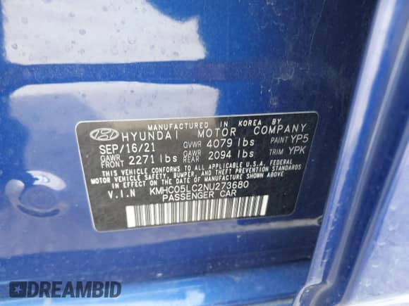 2022 Hyundai Ioniq Limited с VIN KMHC05LC2NU273680, выставлен на аукционе IAAI как лот 41864950 с пробегом 35 445 миль миль и . История ставок и продаж доступна на DreamBid. Изображение 9.