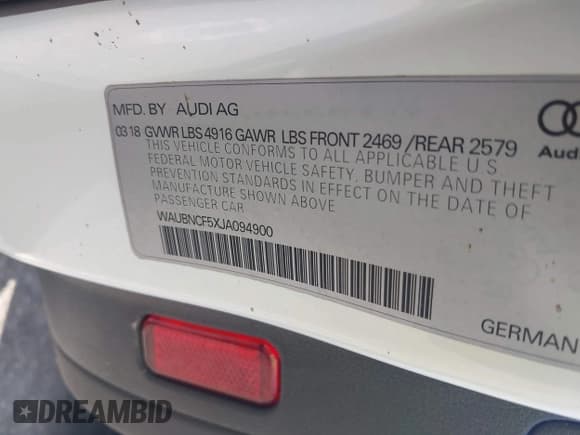 ✅ 2018 Audi A5 Sportback Premium Plus • VIN: WAUBNCF5XJA094900 • Lot: 42846104. Listed on IAAI with 81,020 mi. Free auction sales archive from the USA and detailed vehicle history report at DreamBid. Image 9.