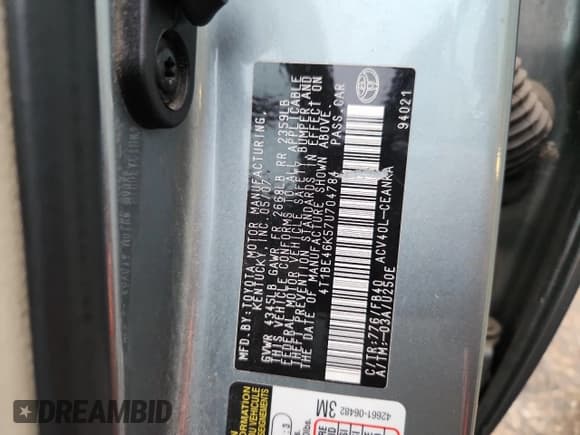 ✅ 2007 Toyota Camry CE • VIN: 4T1BE46K57U704784 • Lot: 87254565. Listed on Copart with 163,103 mi. Free auction sales archive from the USA and detailed vehicle history report at DreamBid. Image 12.