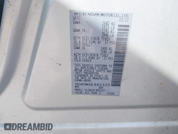 ✅ 2013 Nissan Pathfinder SL • VIN: 5N1AR2MM1DC662320 • Лот: 42828748. Опубликован ранее на IAAI с пробегом Не указан. Бесплатный доступ к архиву аукционных продаж из США и подробный отчёт об истории автомобиля на DreamBid. Изображение 9.