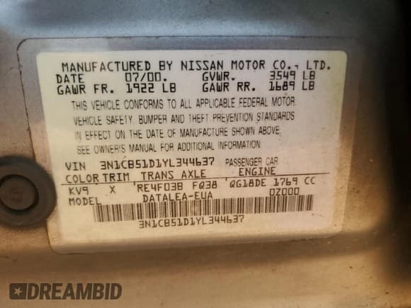 ✅ 2000 Nissan Sentra XE • VIN: 3N1CB51D1YL344637 • Lot: 61230975. Wystawiony na Copart z przebiegiem 129 460 mil. Bezpłatny archiwum sprzedaży aukcyjnych z USA i szczegółowy raport historii pojazdu na DreamBid. Zdjęcie 12.