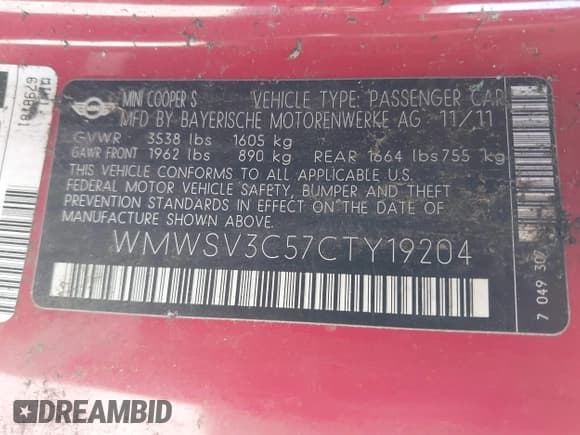 ✅ 2012 MINI Hardtop S • VIN: WMWSV3C57CTY19204 • Лот: 42921584. Опубликован ранее на IAAI с пробегом 95 243 миль. Бесплатный доступ к архиву аукционных продаж из США и подробный отчёт об истории автомобиля на DreamBid. Изображение 9.