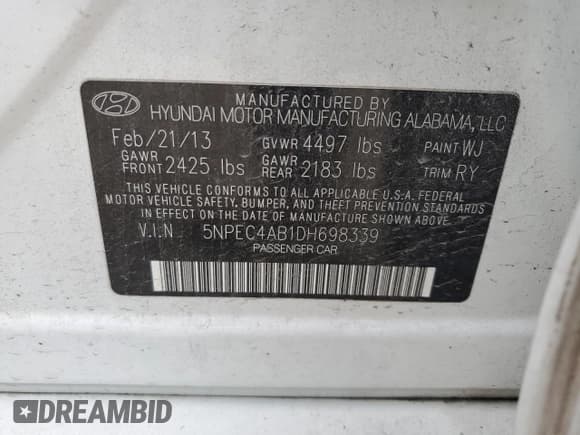 ✅ 2013 Hyundai Sonata SE • VIN: 5NPEC4AB1DH698339 • Lot: 72172644. Listed on Copart with 88,742 mi. Free auction sales archive from the USA and detailed vehicle history report at DreamBid. Image 13.