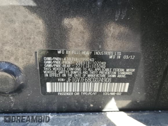 ✅ 2012 Subaru WRX WRX Premium • VIN: JF1GV7F68CG024908 • Lot: 42342375. Listed on Copart with 155,199 mi. Free auction sales archive from the USA and detailed vehicle history report at DreamBid. Image 12.