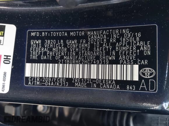 ✅ 2017 Toyota Corolla L • VIN: 2T1BURHE2HC749319 • Lot: 42152504. Listed on IAAI with 192,171 mi. Free auction sales archive from the USA and detailed vehicle history report at DreamBid. Image 9.