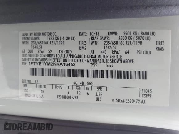 ✅ 2019 Ford Transit • VIN: 1FTYE1YM2KKA16452 • Лот: 43263983. Опубликован ранее на IAAI с пробегом 153 710 миль. Бесплатный доступ к архиву аукционных продаж из США и подробный отчёт об истории автомобиля на DreamBid. Изображение 9.