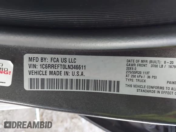 ✅ 2020 Ram 1500 Lone Star • VIN: 1C6RREFT0LN346611 • Lot: 43281959. Listed on IAAI with 64,964 mi. Free auction sales archive from the USA and detailed vehicle history report at DreamBid. Image 9.