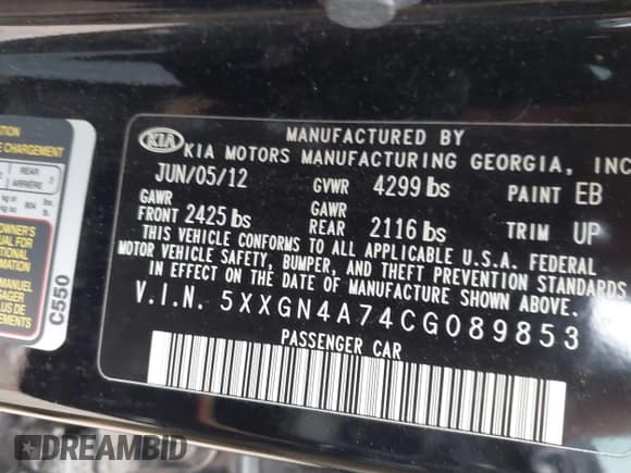 ✅ 2012 Kia Optima EX • VIN: 5XXGN4A74CG089853 • Лот: 43504015. Опубликован ранее на IAAI с пробегом Не указан. Бесплатный доступ к архиву аукционных продаж из США и подробный отчёт об истории автомобиля на DreamBid. Изображение 9.