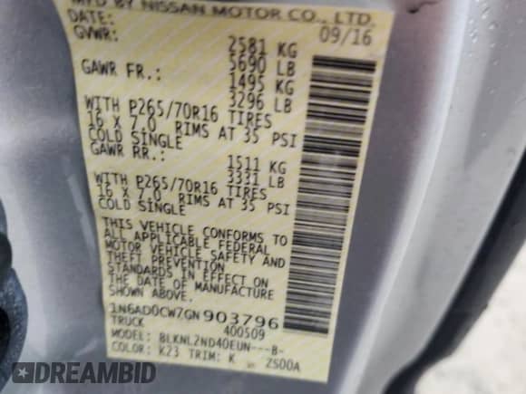 2016 Nissan Frontier SV with VIN 1N6AD0CW7GN903796, listed as a Copart auction lot 63062885 with 39,967 mi miles and Salvage title. Bid and sale history available at DreamBid. Image 12.