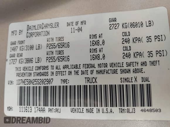 2005 Dodge Dakota Laramie с VIN 1D7HE58N25S202907, выставлен на аукционе IAAI как лот 42654313 с пробегом 245 284 миль миль и . История ставок и продаж доступна на DreamBid. Изображение 9.