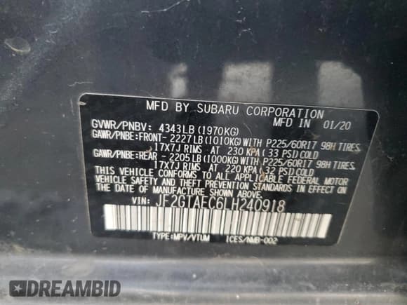 ✅ 2020 Subaru Crosstrek Premium • VIN: JF2GTAEC6LH240918 • Лот: 92834485. Опубликован ранее на Copart с пробегом Не указан. Бесплатный доступ к архиву аукционных продаж из США и подробный отчёт об истории автомобиля на DreamBid. Изображение 13.