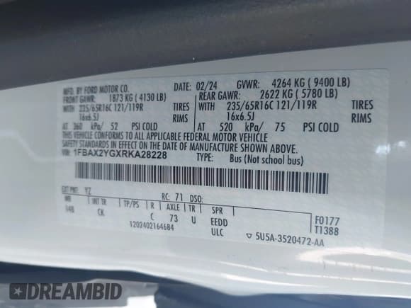 ✅ 2024 Ford Transit Passenger XL • VIN: 1FBAX2YGXRKA28228 • Лот: 41557793. Опубликован ранее на IAAI с пробегом 32 264 миль. Бесплатный доступ к архиву аукционных продаж из США и подробный отчёт об истории автомобиля на DreamBid. Изображение 9.