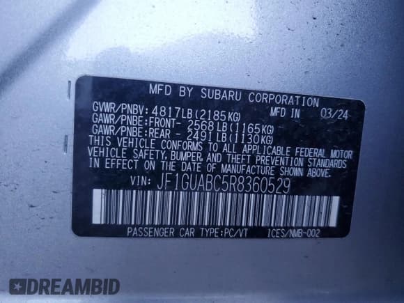 ✅ 2024 Subaru Impreza • VIN: JF1GUABC5R8360529 • Lot: 86997925. Listed on Copart with 17,460 mi. Free auction sales archive from the USA and detailed vehicle history report at DreamBid. Image 12.