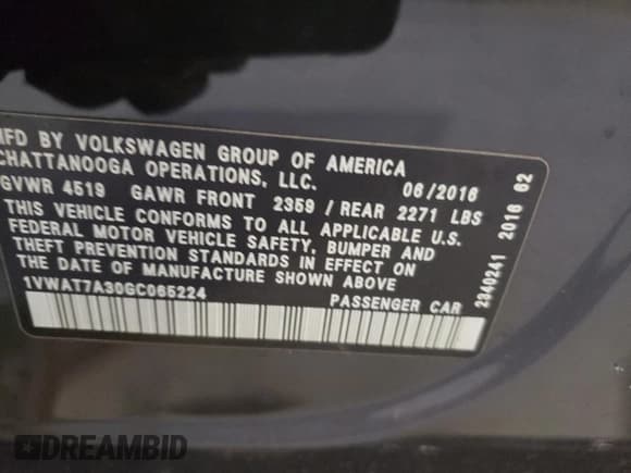 ✅ 2016 Volkswagen Passat S • VIN: 1VWAT7A30GC065224 • Lot: 92084635. Listed on Copart with 119,846 mi. Free auction sales archive from the USA and detailed vehicle history report at DreamBid. Image 12.