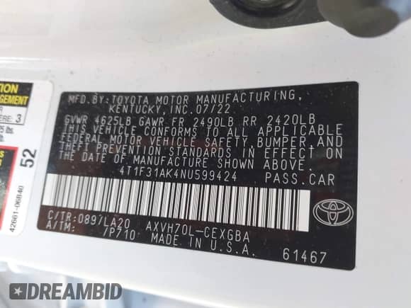 2022 Toyota Camry Hybrid XLE with VIN 4T1F31AK4NU599424, listed as a IAAI auction lot 40839336 with 68,918 mi miles and . Bid and sale history available at DreamBid. Image 9.