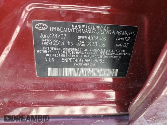 2008 Hyundai Sonata GLS z VIN 5NPET46F68H346083, wystawiony jako Copart lot #57646555 z przebiegiem 95 392 mil mil oraz Szkoda całkowita • Salvage title. Historia ofert i sprzedaży dostępna na DreamBid. Obrazek 12.