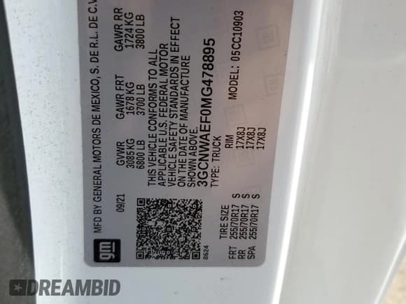 ✅ 2021 Chevrolet Silverado 1500 Work Truck • VIN: 3GCNWAEF0MG478895 • Lot: 73661904. Wystawiony na Copart z przebiegiem 40 630 mil. Bezpłatny archiwum sprzedaży aukcyjnych z USA i szczegółowy raport historii pojazdu na DreamBid. Zdjęcie 13.