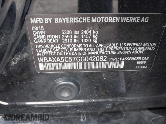 ✅ 2016 BMW 5 Series 535d • VIN: WBAXA5C57GG042082 • Lot: 43714663. Listed on IAAI with 95,771 mi. Free auction sales archive from the USA and detailed vehicle history report at DreamBid. Image 9.