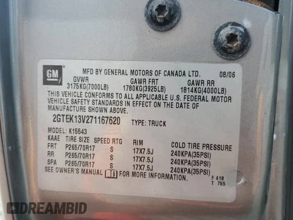 2007 GMC Sierra 1500 SL with VIN 2GTEK13V271167620, listed as a Copart auction lot 81751805 with 206,353 mi miles and Clean title. Bid and sale history available at DreamBid. Image 12.