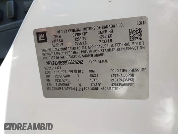 ✅ 2013 GMC Terrain SLT • VIN: 2GKFLWE38D6324242 • Lot: 43698507. Listed on IAAI with 104,711 mi. Free auction sales archive from the USA and detailed vehicle history report at DreamBid. Image 9.